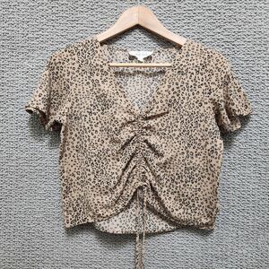 HIPPIE ROSE Women's Leopard Print Tie Waist Blouse Short Sleeve Size M